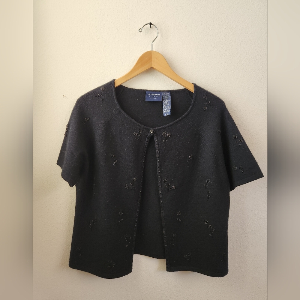 Liz Claiborne Lizsport Petite Floral Embroidery‎ Short Sleeve Cardigan Black Med